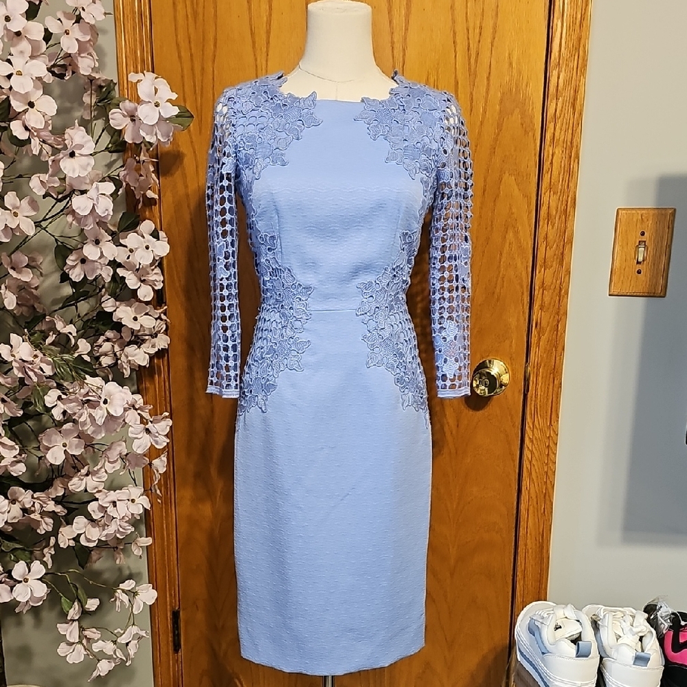 Michael Antonio Light Blue Lace-Accent Midi Dress